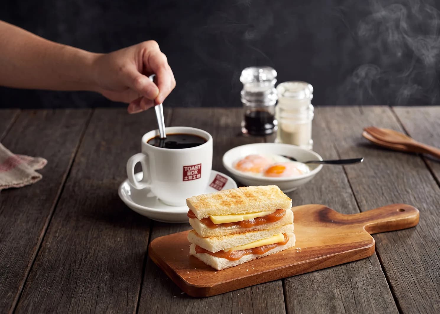 Toast Box kaya-butter toast, soft-boiled eggs and a cup of kopi at City Gate