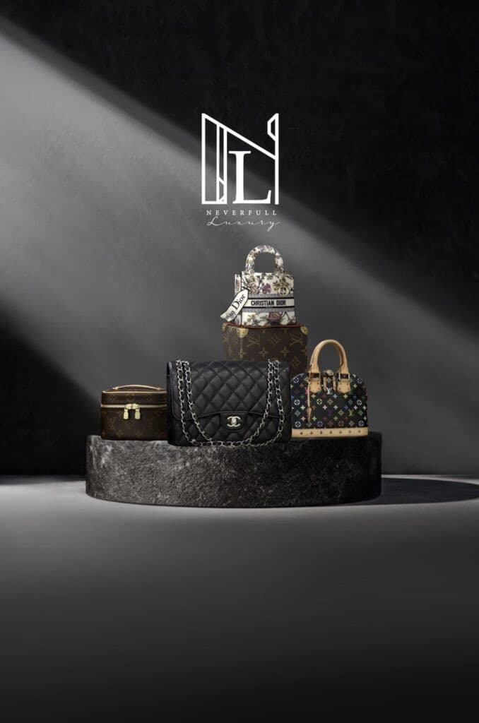 Neverfull Luxury key visual — authenticated Chanel, Dior and Louis Vuitton bags displayed under the Neverfull Luxury logo at City Gate