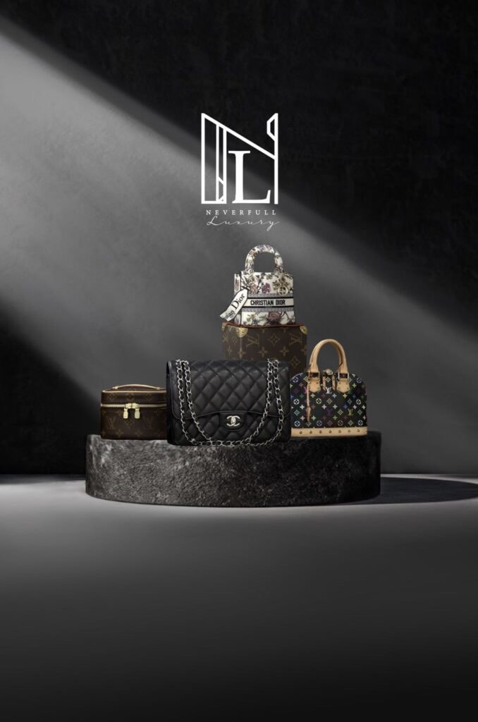 Neverfull Luxury key visual — authenticated Chanel, Dior and Louis Vuitton bags displayed under the Neverfull Luxury logo at City Gate