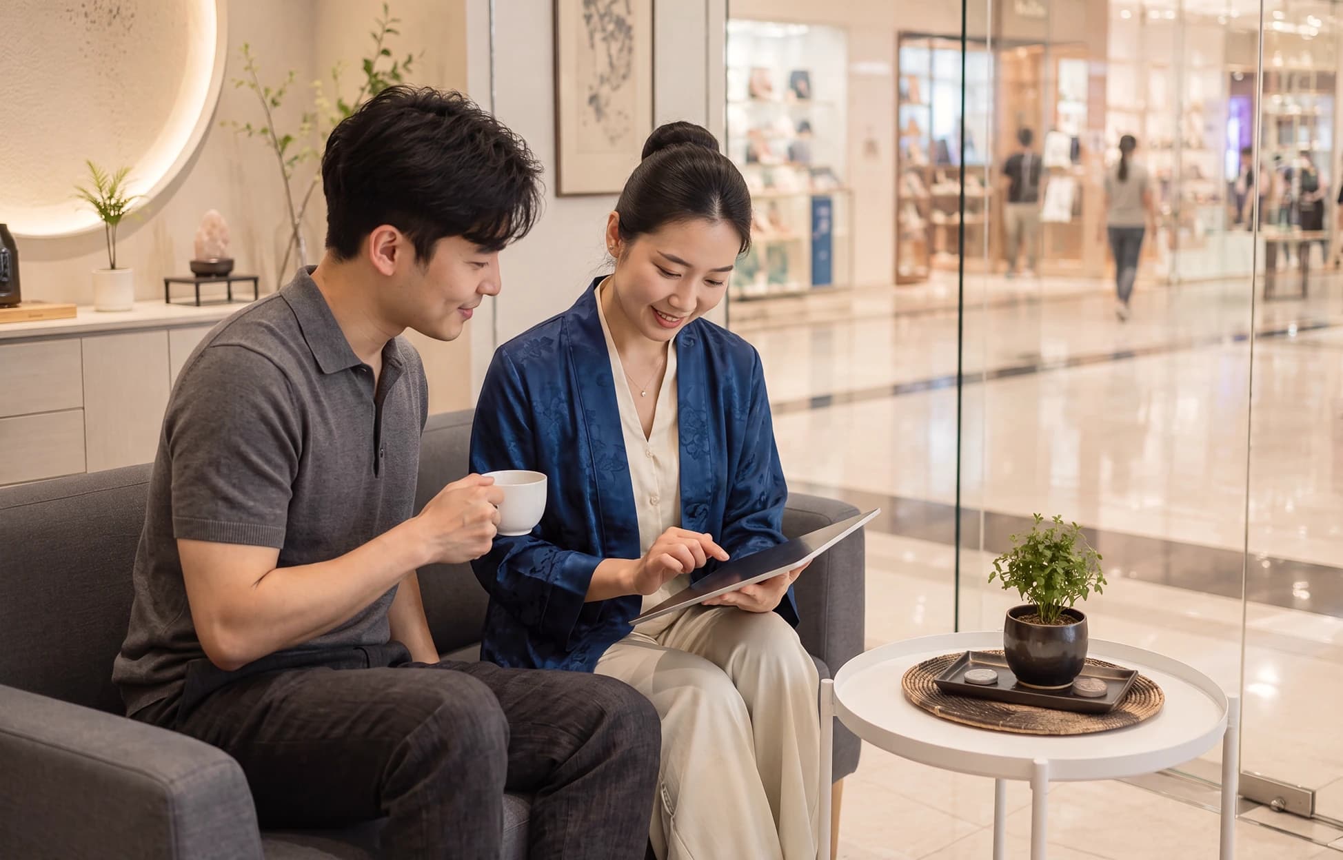 Two people going over a reading together on a tablet in a calm City Gate lounge, tea in hand — a consultation for the year ahead