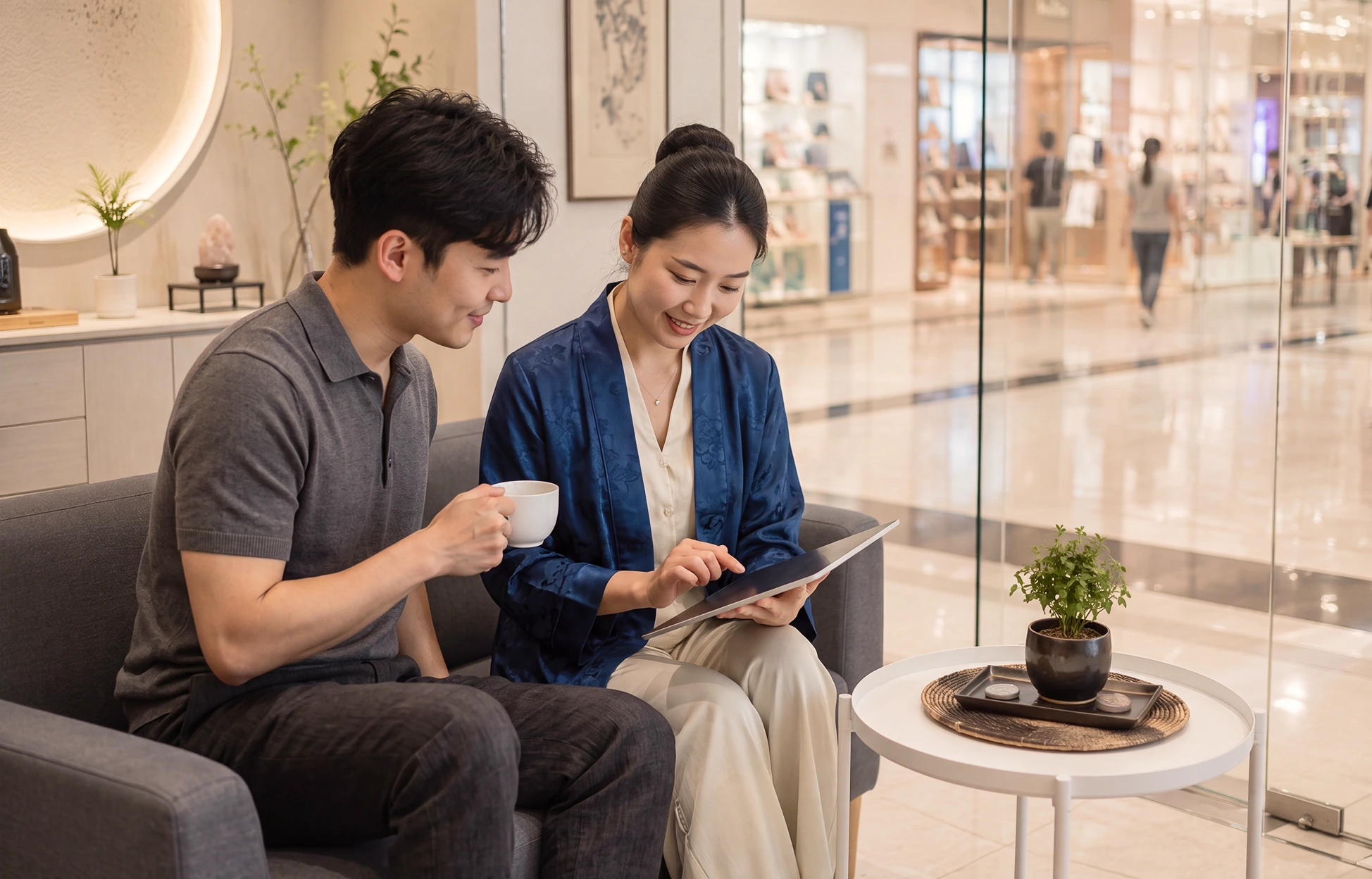 Two people going over a reading together on a tablet in a calm City Gate lounge, tea in hand — a consultation for the year ahead