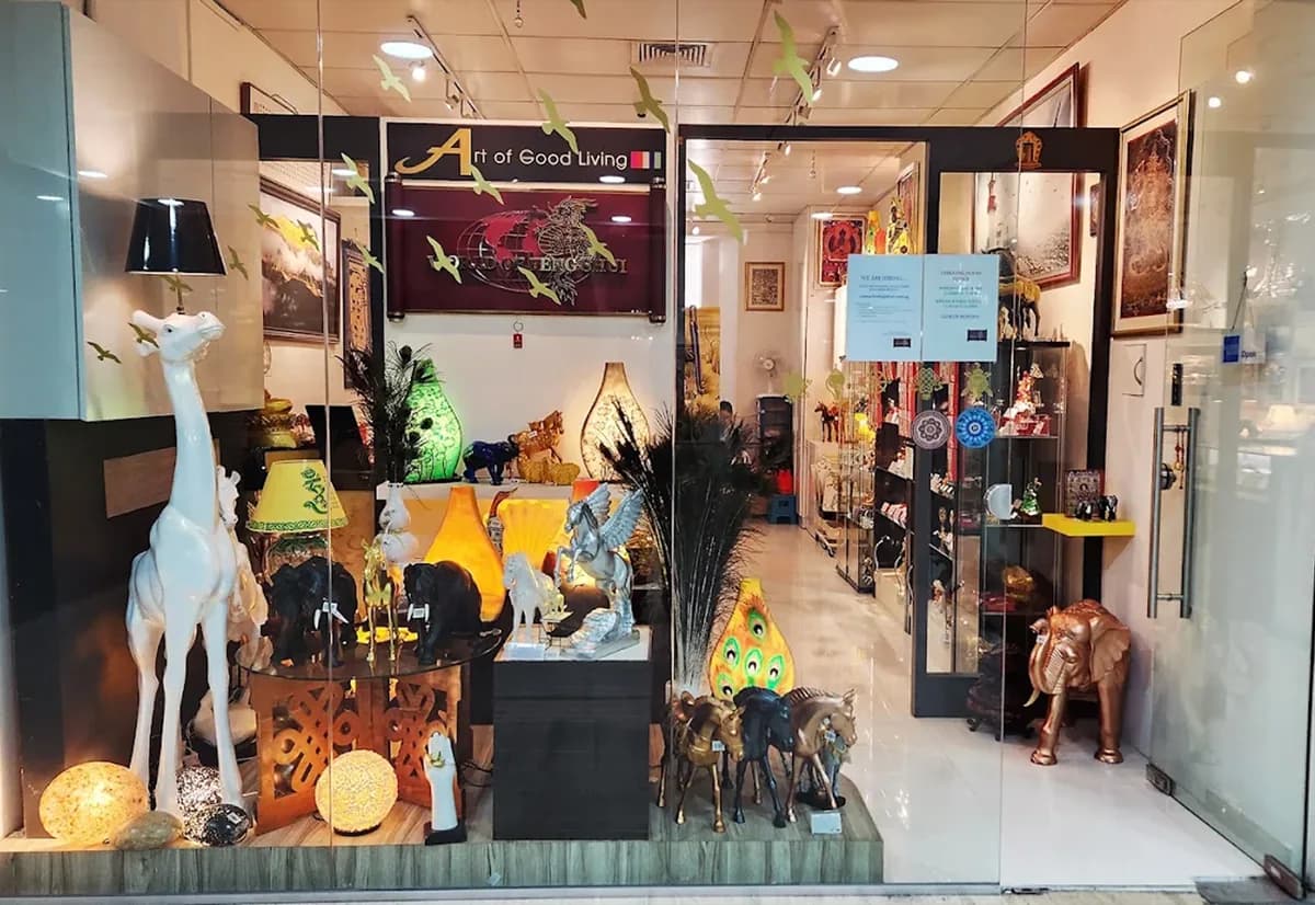 The World of Feng Shui window display at City Gate, filled with feng shui figures and ornaments