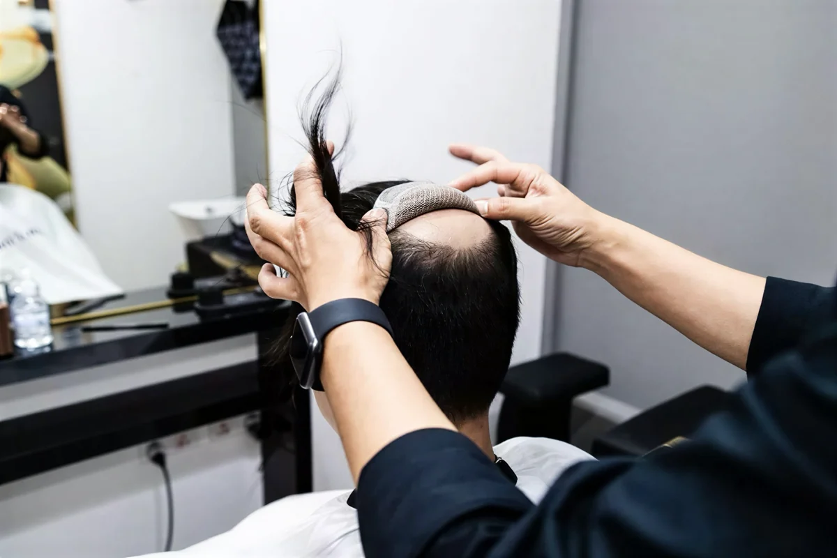 A hair-loss specialist fitting a hair system for a client at Roots Care, City Gate Wellness Hub