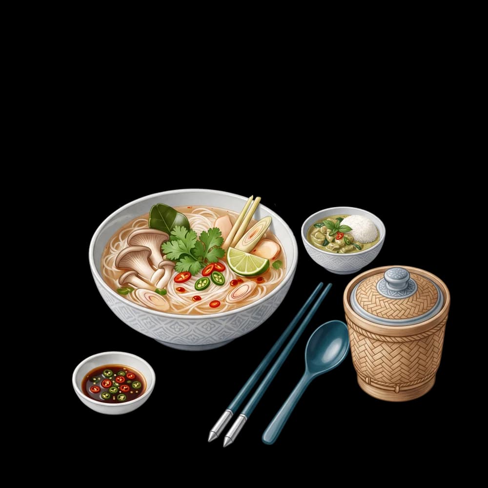 A bowl of Thai noodle soup with a green curry, sticky-rice basket and chopsticks
