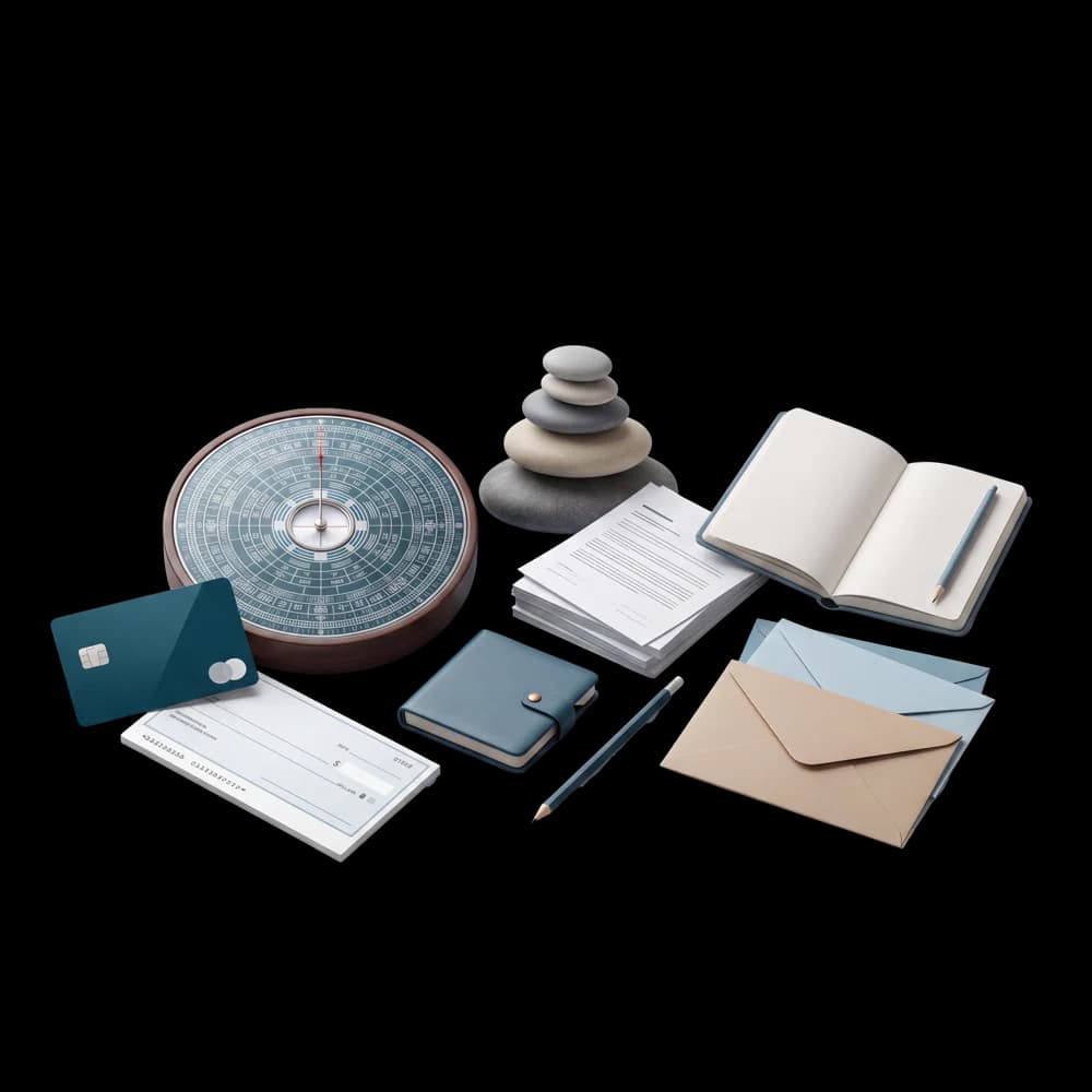 A feng-shui compass, cheque and card, notebook, envelopes and zen stones