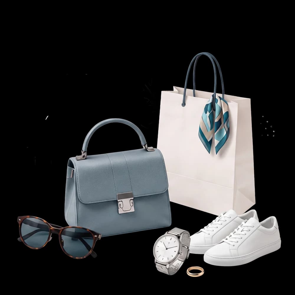 A designer handbag, watch, sunglasses and sneakers with a shopping bag