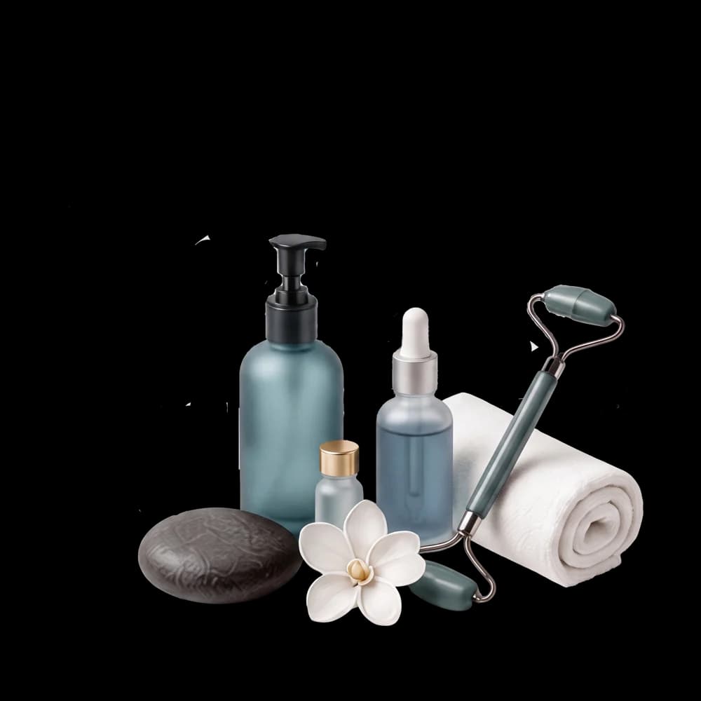 Skincare bottles, a facial roller, a spa stone and a flower