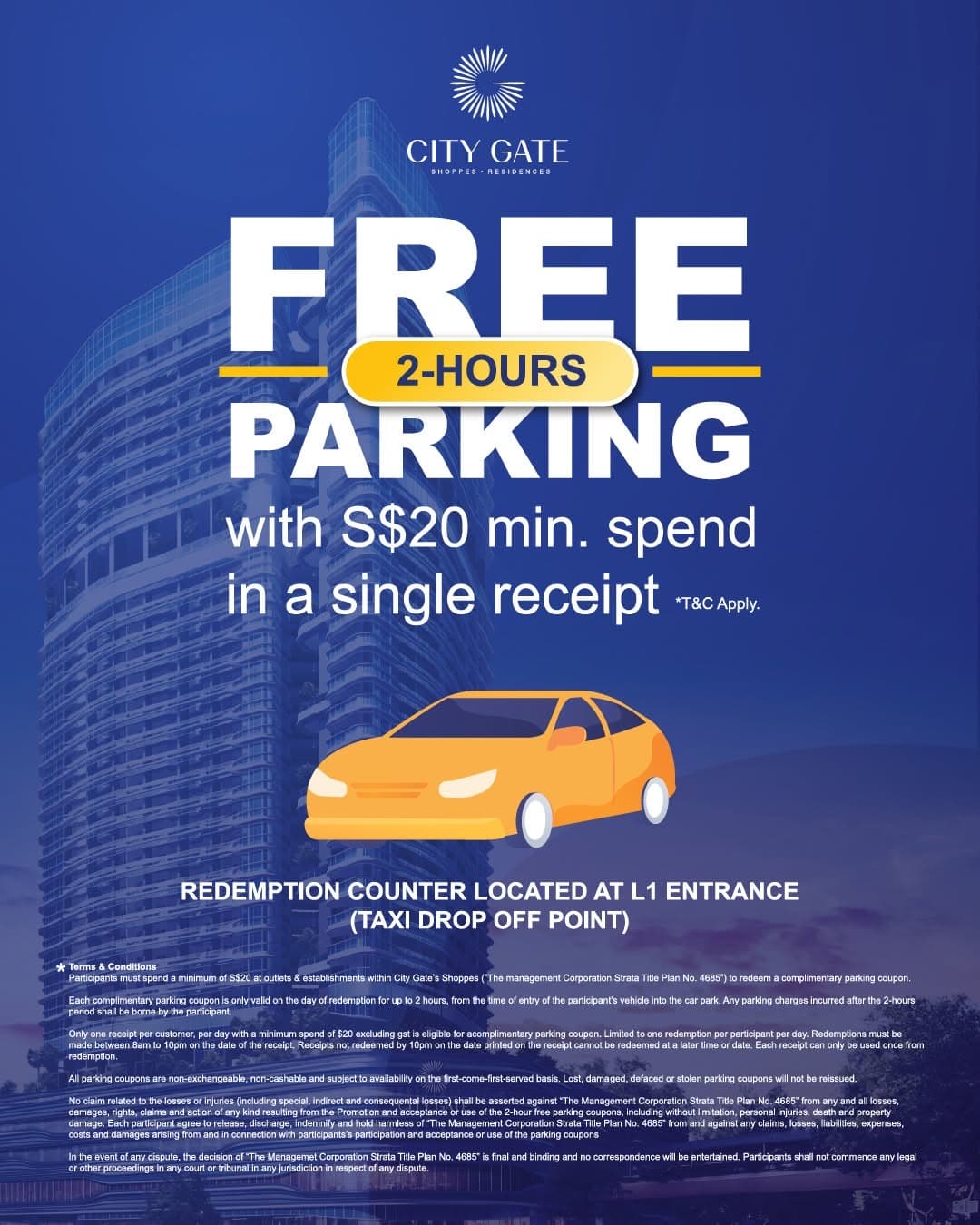 City Gate free 2-hour parking with $20 minimum spend in a single receipt — redemption counter at the L1 entrance